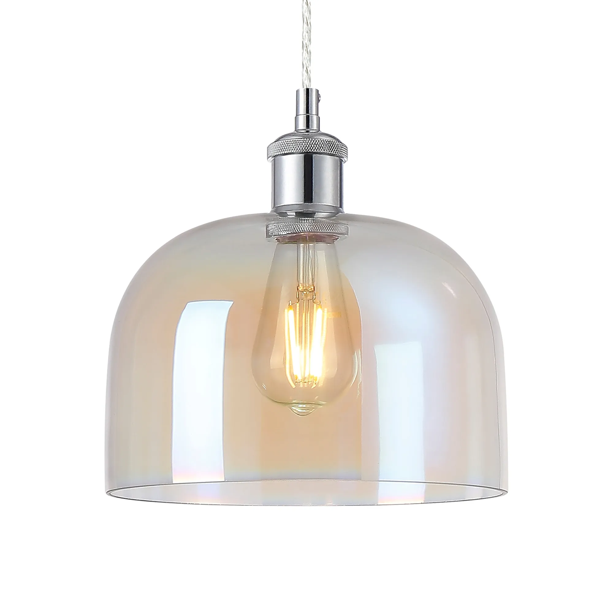 Cawdor Single Pendant, 1 Light E27, Polished Chrome/Clear/Iridescent Cloche Glass DK1134  Deco Cawdor